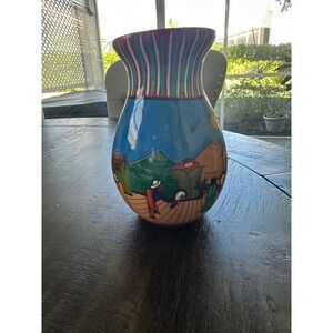 Hand Painted Mexican Pottery Pitcher Folk Art Village Scene signed VGUC